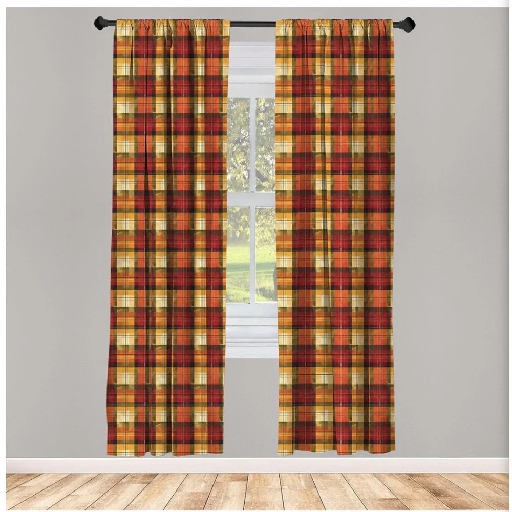 Ambesonne Fall Window Curtains 56x95 Paprika Orange Rust Plaid Checker 2 Panels